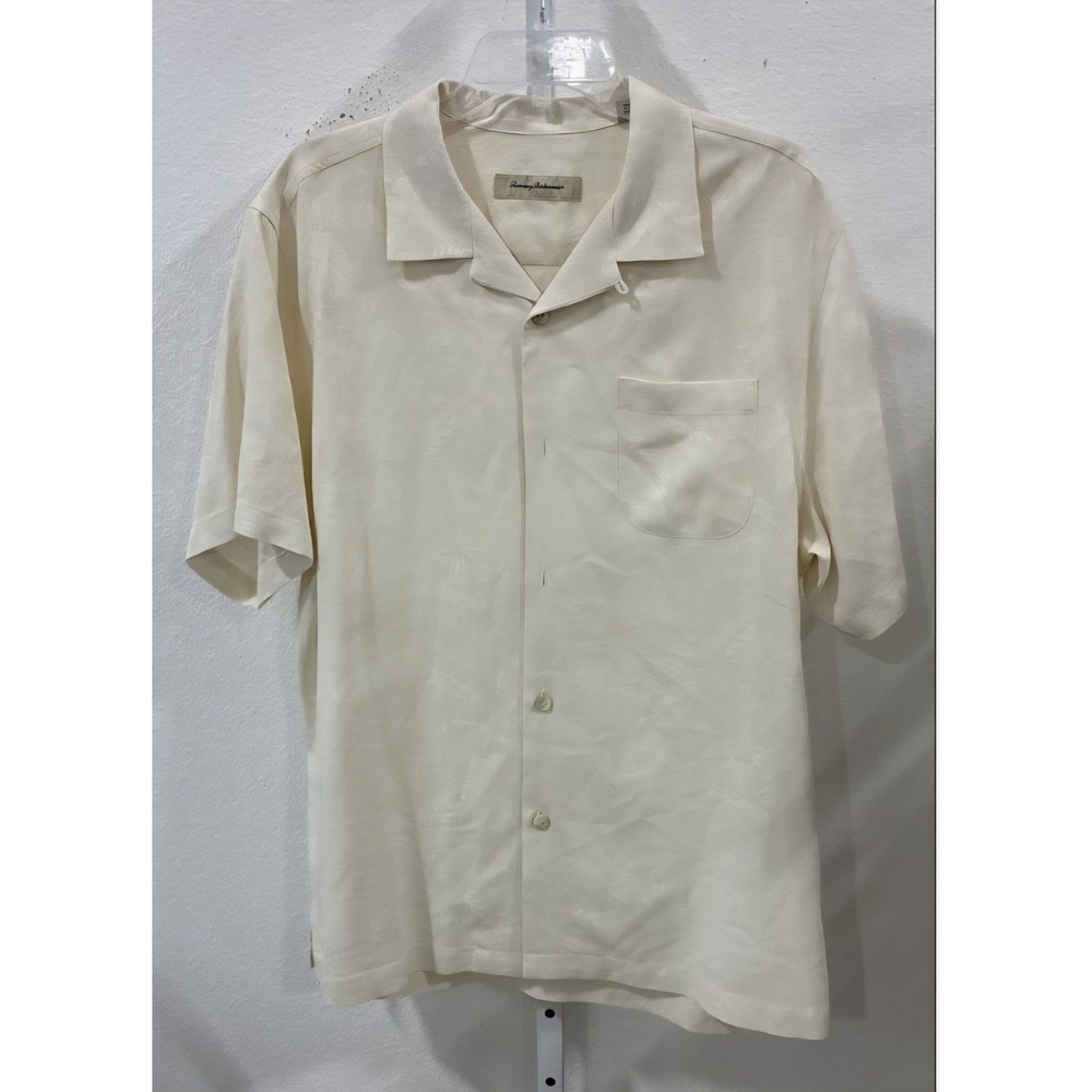 Tommy Bahama Mens Large Silk Camp Shirt Cream Tropical Jacquard Button Up L/G